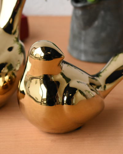 陶器で作られたゴールド仕上げの鳥の置物（2個セット）｜インテリア